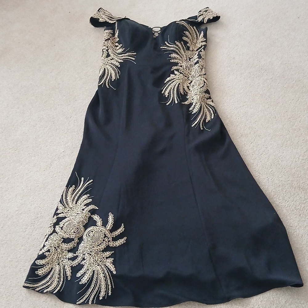 Black and Gold Asymmetrical Embellished Prom Gown - Picture 2 of 10